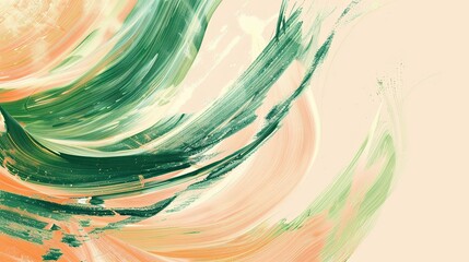 Wall Mural - Dynamic wallpaper with green and peach strokes swirling on a light taupe background