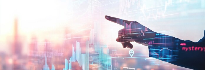 Poster - Business professional analyzing financial data with a futuristic cityscape backdrop