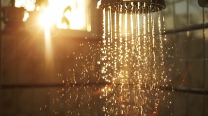 Wall Mural - Serene bathroom scene with showerhead and water cascade illuminated by soft sunlight rays