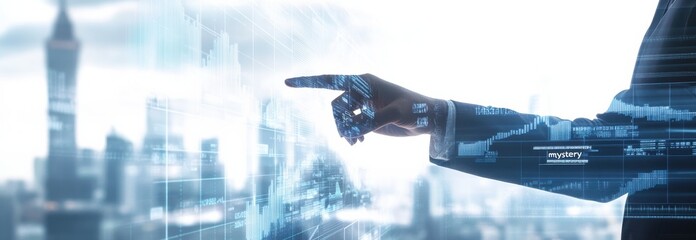 Poster - Business professional analyzing digital financial data with futuristic technology interface and mystery text overlay against a city skyline backdrop