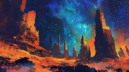 Bold orange and blue strokes form a high-contrast desert scene with towering rocks and a starry sky