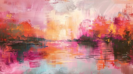 Canvas Print - Vibrant backdrop with pink and olive brushstrokes in a serene landscape by a lake