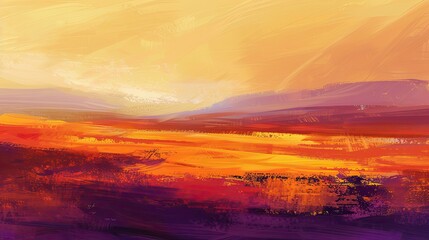 Canvas Print - Radiant backdrop with orange and plum depicting a steppe and distant hills under a bright sky