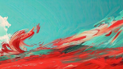 Sticker - Vivid red and turquoise backdrop illustrating a calm countryside and flowing streams