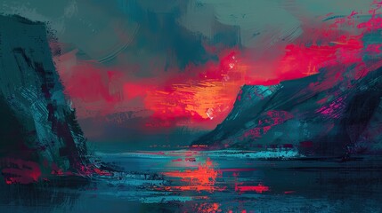 Sticker - Crimson and teal brushstrokes showing a dramatic fjord with cliffs and sunset sky