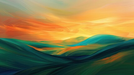 Wall Mural - Emerald and orange background depicting rolling dunes with a vivid sunrise sky