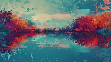 Sticker - Teal and maroon backdrop depicting a tranquil lake with autumn colors and bright sky