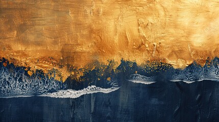 Sticker - Gold and dark navy brushstrokes showing a beach with gentle waves and sunset sky