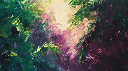 Canvas Print - Abstract backdrop with green and plum depicting a jungle canopy with sunlight