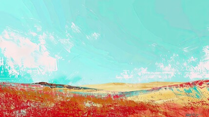 Sticker - Crimson and aqua brushstrokes depicting a peaceful countryside with hills and clear sky