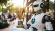 © munawaroh - A robot holding a trophy in an outdoor setting, symbolizing achievement and technology.
