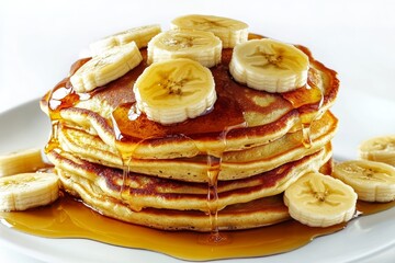 Poster - Stack of banana pancakes topped with sliced bananas and maple syrup on solid white background, single object