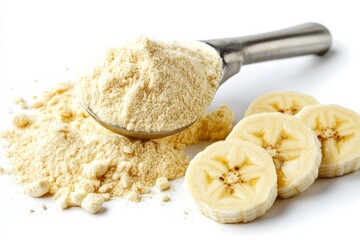 Poster - Spoonful of banana flour with sliced bananas on a clean white background, high detail