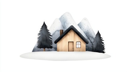 Cozy wooden house surrounded by snowy mountains and pine trees, perfect for winter-themed illustrations and designs.