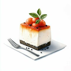 Delicious cheesecake topped with fresh fruit and mint, presented on a elegant plate with a fork, perfect for dessert enthusiasts.