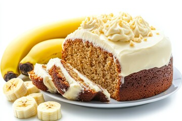 Poster - Moist banana cake with cream cheese frosting on solid white background, single object