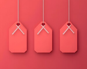 Three vibrant hanging tags on a coral background, perfect for promotions or product labeling in a modern design.