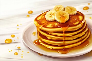 Aufkleber - Fluffy banana pancakes with butter and honey drizzle on white background, isolated objects