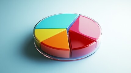 Fototapete - A sleek 3D pie chart with glossy, multicolored sections, illustrating market share or data distribution, set against a light, minimalist background.