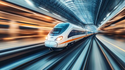 Poster - A sleek high-speed train zipping through a modern station, with blurred motion emphasizing its speed and advanced design