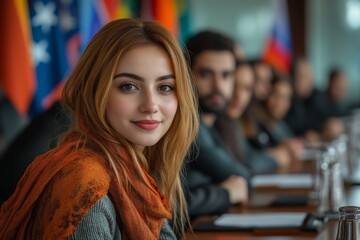 Young woman participating in an international business meeting with a diverse group at a conference table