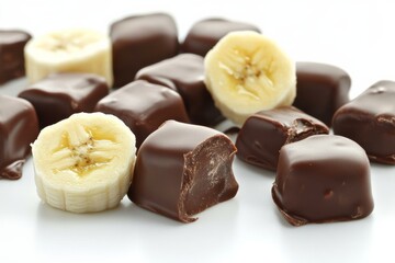 Poster - Chocolate-covered banana pieces on a clean white background, with a glossy finish