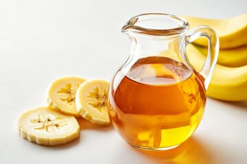 Poster - Banana vinegar in a glass container on a clean white background, with fresh banana slices nearby