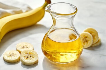 Poster - Banana vinegar in a glass container on a clean white background, with fresh banana slices nearby