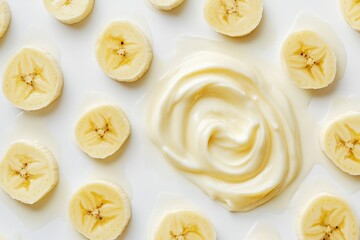 Poster - Banana pieces swirled in smooth yogurt on a clean white background, top view
