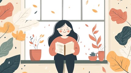 Poster - Young girl on windowsill with book and drink, relaxing on autumn day.