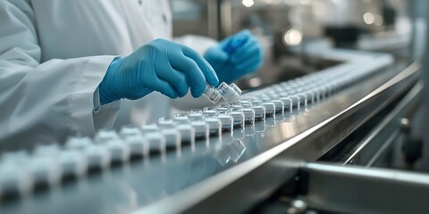 Poster - Production of medicines. A pharmacist checks medical vials on an automatic conveyor of a pharmaceutical factory production line