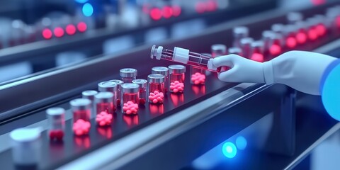Poster - Production of medicines. A pharmacist checks medical vials on an automatic conveyor of a pharmaceutical factory production line