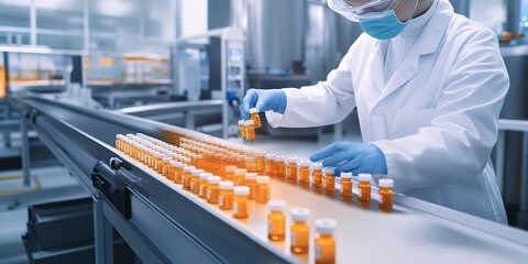 Poster - Production of medicines. A pharmacist checks medical vials on an automatic conveyor of a pharmaceutical factory production line using artificial intelligence.