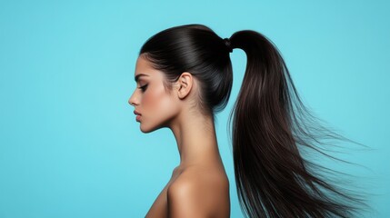 A stunning high ponytail with volume and smooth, controlled strands, modeled by a woman in a dynamic, active pose to highlight the hairstyle versatility and flair