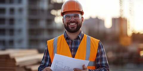 Poster - Portrait of smiling caucasian civil engineer holding project plans at construction site.