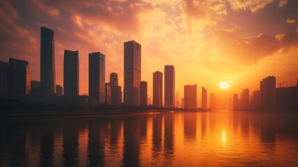 Canvas Print - A stunning sunset view of tall skyscrapers along a riverbank, with the golden light reflecting off the water and creating a dramatic skyline silhouette.