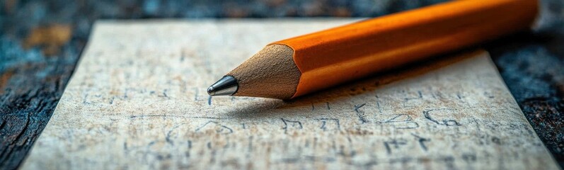 Pencil with writing on it laying on a piece of wood