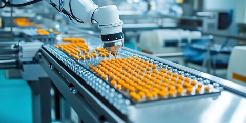 Poster - Picture of a pharmaceutical factory to pack medicine with precision medical products ,robot arm, robot 