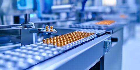 Poster - Pharmaceutical production line: medical vials and tablets manufacturing, automated process of drug production in modern pharmaceutical facilities, ensuring quality and efficiency 
