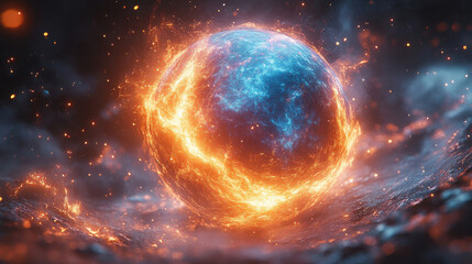 Poster - A glowing, fiery energy sphere hovers in space, surrounded by bright, swirling particles and dark cosmic clouds