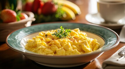 Wall Mural - A stylish breakfast table with a bowl of scrambled eggs, lightly seasoned and garnished, along with a side of fresh fruit and a cup of coffee