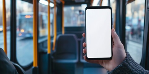 Poster - Person hand holding isolated smartphone device in the bus with blank empty white screen, communication transportation technology concept 