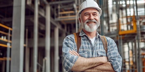 Wall Mural - older owner engineer with beard mustache on face standing smile with his arms crossed at construction factory site