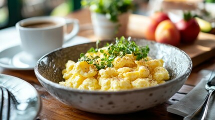 Poster - A stylish breakfast table with a bowl of scrambled eggs, lightly seasoned and garnished, along with a side of fresh fruit and a cup of coffee