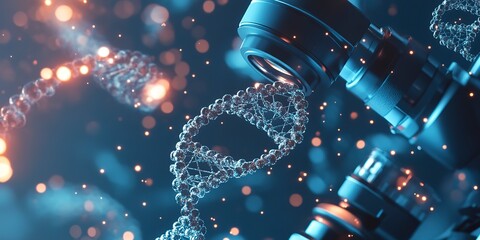 Poster - Microscope and DNA molecule. Biotechnology concept 
