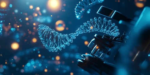 Poster - Microscope and DNA molecule. Biotechnology concept
