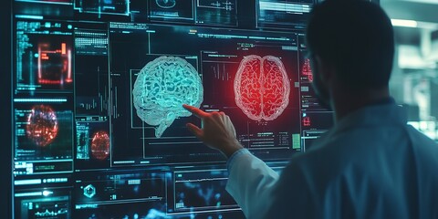 Medical technology future augmented reality background. Doctor surgeon interact 3D graphic user interface VFX hologram data patient brain record on touch screen, healthcare research network connection