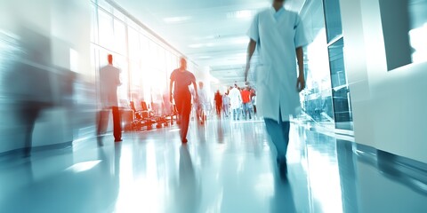 Canvas Print - Medical hospital with busy professional staff personnel blurred rush background. Medical clinic lobby with doctors walking in hallway. Healthcare and medicine concept. Double exposure. 