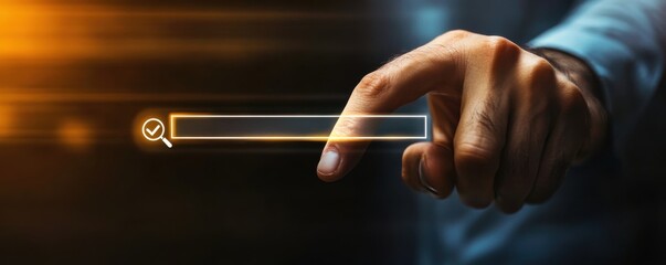 Poster - Businessman's finger touching a futuristic search bar on a digital interface representing technology communication and innovation