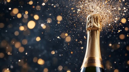 New year party concept with a exploding champagne bottle, with copy space